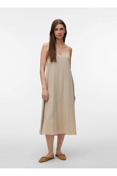 Vero Moda Bej Kadın V Yaka Elbise VMJESMILO CALF SINGLET DRESS WVN NO