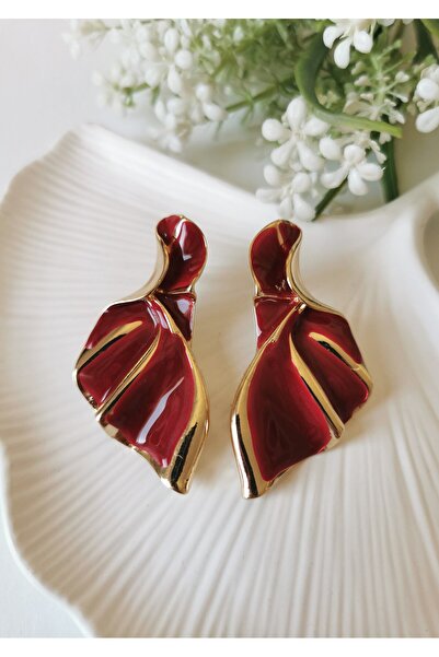 Halley Concept Red Enamel Plated Gold Detailed Evening Dress Steel Earrings 3...