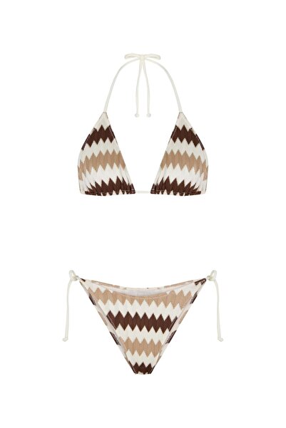 TIME MUSE CAMILA Brown&Cream Örme Üçgen Bikini Takım