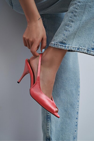 NİŞANTAŞI SHOES Roxy Salmon Satin Ankle Strap Open Toe Detail Women's Heeled ...