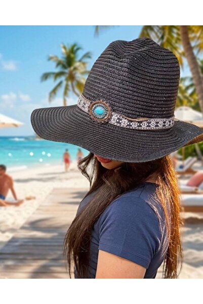 MD Moda Accessories قبعة شاطئ سوداء من القش مع تفاصيل من حجر الفيروز