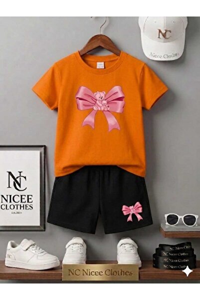 NC Nicee Clothes Summer Children's T-Shirt Shorts Unisex (Pink Ribbon Bear Pr...