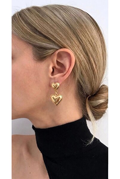 Markiz Takı Gold Double Heart Earrings Pair 4 cm