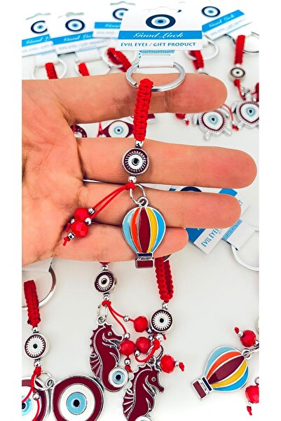 Cassime Red Balloon Patterned Gold Plated Evil Eye Keychain