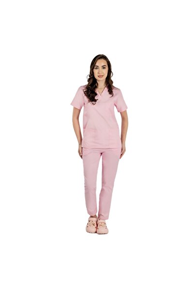 RUNI Costum medical cu elastan roz pal format din bluza cu anchior in V si pa...