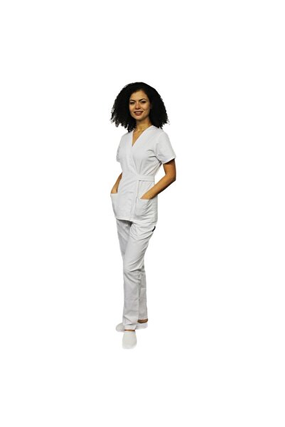 RUNI White kimono medical suit, with Elastane, kimono-type blouse and pants w...