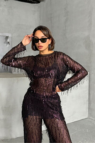 VERYMODA Bluză cu paiete - Negru Roșu Claret |   F1612