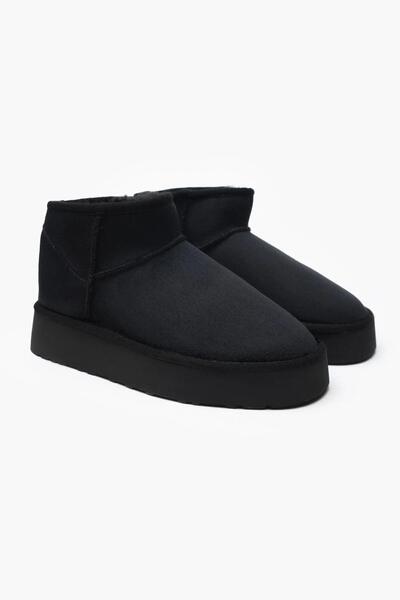 Hale Ege Mini Black Suede Thick Sole Women's Boots with Fur Inside