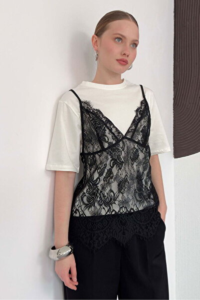 VERYMODA Rochie scurtă din dantelă cu top tip tunică din bumbac pieptănat - C...