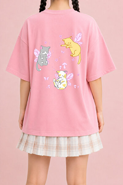 Velostra Women's Cat Fairy Printed Oversize Crew Neck Cotton Casual Combed Co...