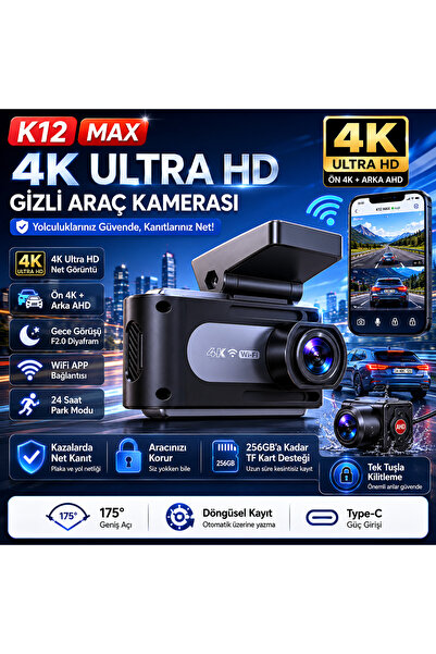 CONION Pasens K12 MAX 4K Araç İçi Kamera – WiFi Destekli Ön 4K + Arka Kamera,...