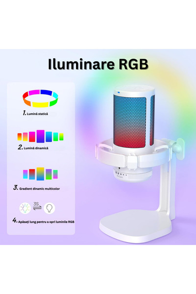 Velixo Microfon USB profesional cu braț reglabil, cardioid, reducere a zgomotului, RGB, funcție de mut, pentru streaming, YouTube, TikTok, gaming, podcast, alb