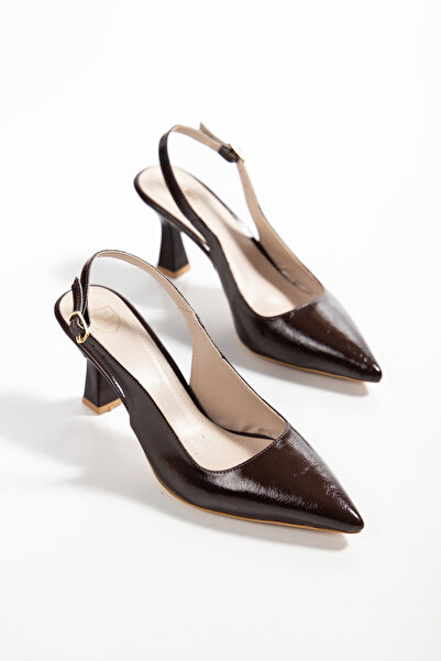 derim shoes Women's Brown Patent Leather Pointed Toe Thin Heel Slingback Shoes