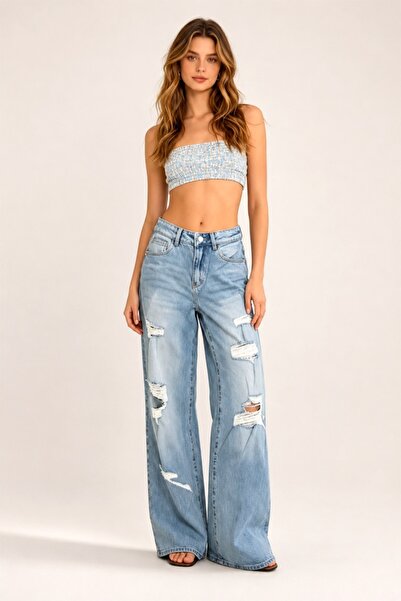 FashionForYou Pre-washed wide-leg jeans AREZZO, with large perforations, Ligh...