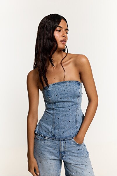 LEFTIES Parıltılı denim bandeau top