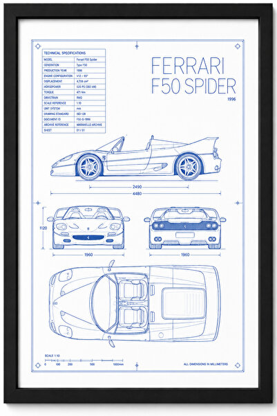 FERRARI F50 SPIDER Blueprint Line Art | Limited Edition A3 |