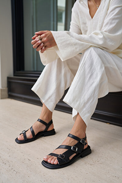 ANGELİNA JONES Perza Women's Black Genuine Leather Sandals with Buckle Detail...