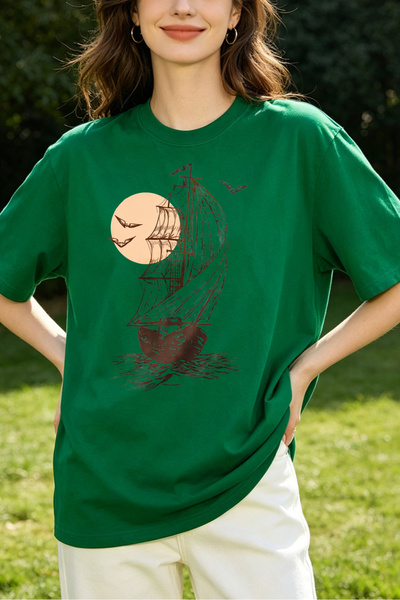 Fleck Womens T Shirts Pirate Ship Moon And Birds Graphic Print Casual Loose F...
