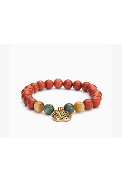 OEM Mala Bracelet with Red Jasper, Moss Agate, Tiger Eye & Flower of Life Pen...
