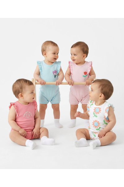 Bonfino 100% Cotton Floral Printed Flutter Sleeves Romper (Pack of 4) - Multi...