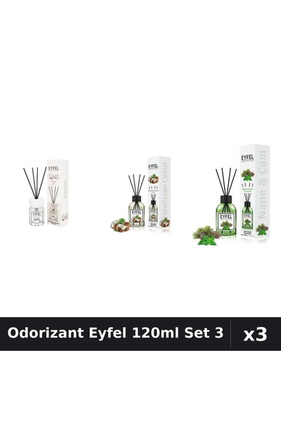 Eyfel Set 3 Odorizante Camera cu Betisoare 120ml - Bumbac, Nuca Cocos, Pin Menta