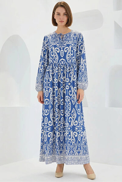 buğrahayalin Women's V-Neck Gathered Waist Floral Patterned Viscose Indigo Dress
