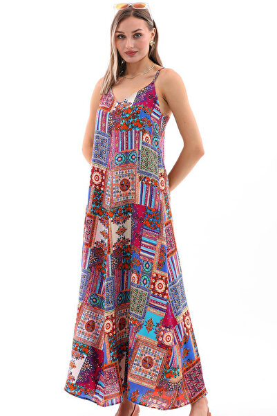 Vivika Patchwork Yamalı Etnik Desenli Canlı Renkli Yazlık Viskon Kumaş İp Ask...