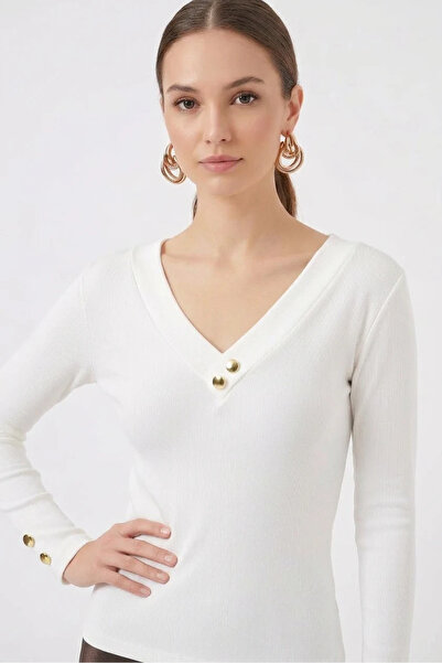buğrahayalin Women's V-Neck Buttoned Detailed Sleeve White Bodysuit