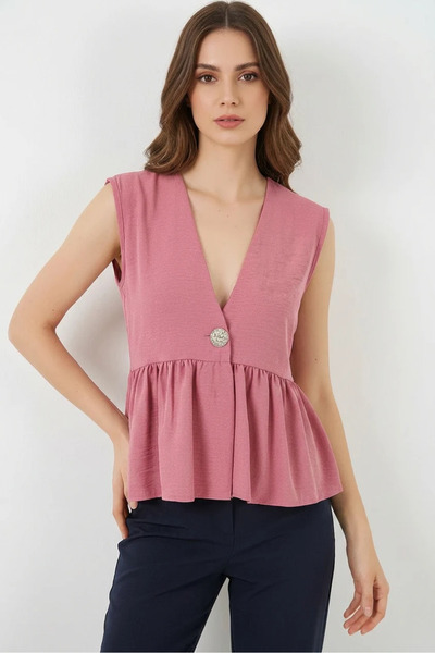 Efnaz style Women's V-Neck Gathered Waist Buttoned Zero Sleeve Dusty Rose Blouse