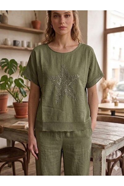 AYASOFYA OTANTIK Women's Khaki Sequin Star Embroidered Oversize Loose 100% Co...