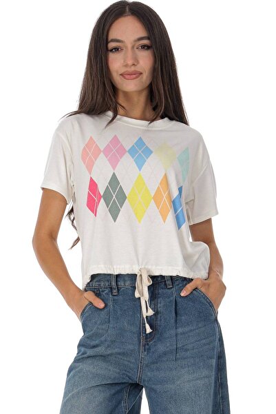 ROHBOUTIQUE Tricou casual cu imprimeu cu diamante, culoare crem, Roh BR2963