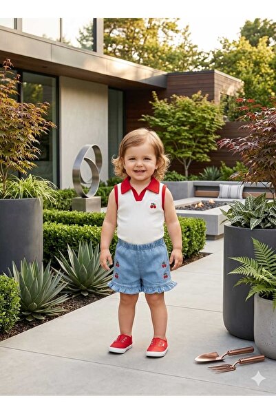 Babexi Baby Clothing Cherry Patterned Suit Denim Shorts