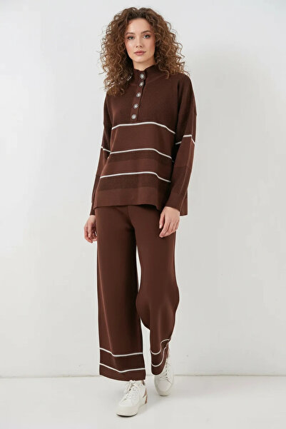 buğrahayalin Women's Half Turtleneck Oversize Striped Knitwear Brown Two-Piec...