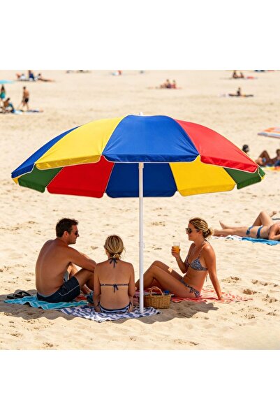 KMT Umbrelă de Plajă 200cm, Multicolor (Roșu-Galben-Albastru-Verde), cu Stâlp...