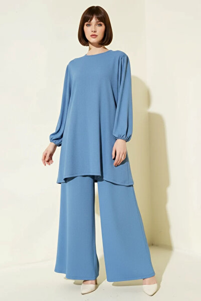 buğrahayalin Women's Round Neck Balloon Sleeve Indigo Set