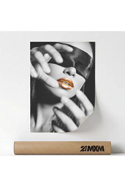 21mxm Poster Decorativ Tematică Glamour Blindfold - 'Gold Lips', Material Tex...