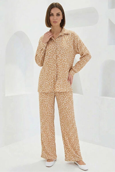 buğrahayalin Women's Shirt Collar Oversize Polka Dot Beige Two-Piece Set