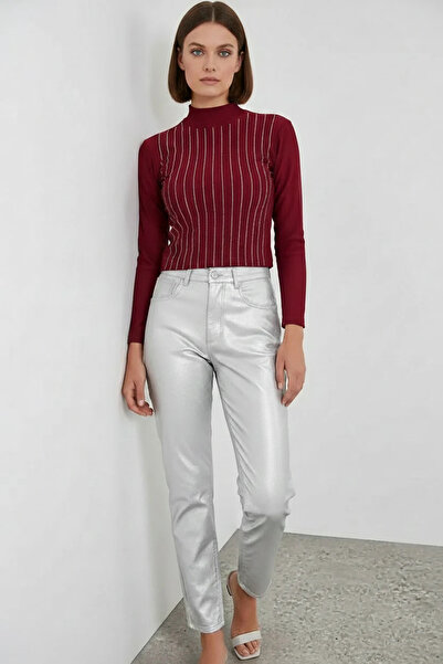 buğrahayalin Women's High Collar Stoned Striped Burgundy Bodysuit