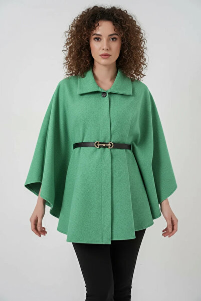 buğrahayalin Women's Shirt Collar Belted Cotton Green Poncho