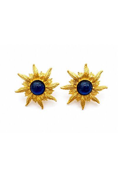 neslyaccessories Matte Gold Sun Earrings with Blue Stones