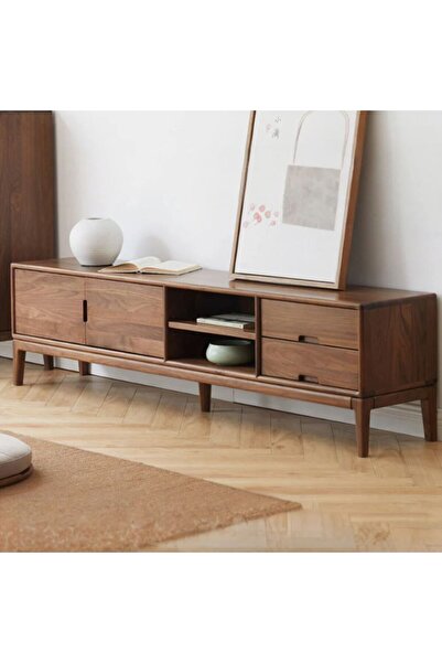 WoodenDecoration01 Noira Masif Çam Tv Ünitesi Koyu Ceviz 200 Cm