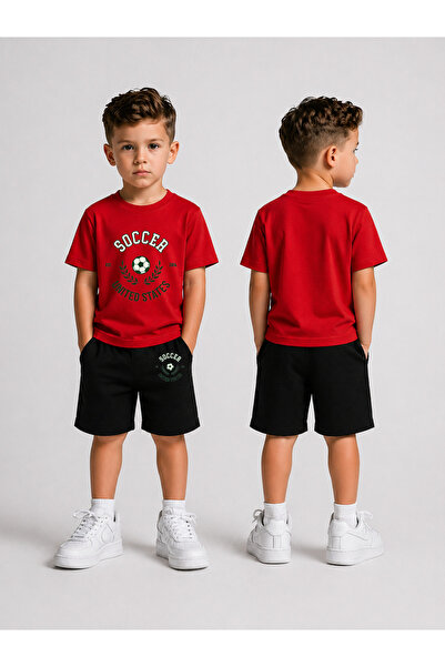 LORVEX Set tricou și pantaloni scurți pentru copii, din bumbac imprimat, de v...