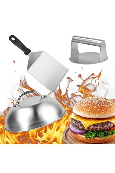 Ayawaska Set smash burger 3 piese din otel inoxidabil, cu presa pentru carne ...