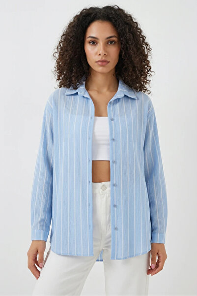 buğrahayalin Women's Oversize Striped Viscose Blue Shirt
