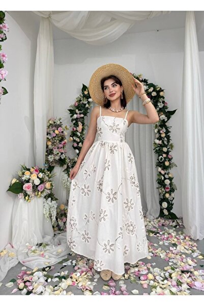 Caddebostan Moda Strappy Floral Embroidered Summer Long Dress Midi Length Str...