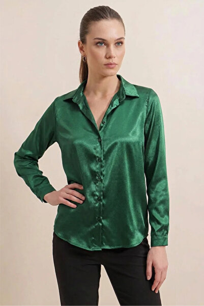 Şeker Portakalım Women's Satin Emerald Green Shirt