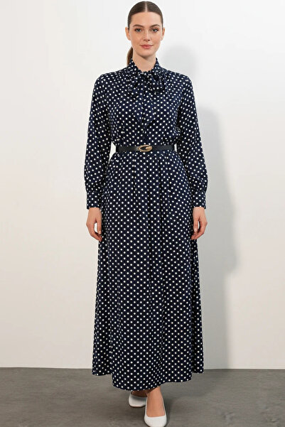 buğrahayalin Women's Ruffled Collar Belted Polka Dot Navy Blue Hijab Dress