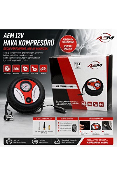 AEM Araba Oto Araç Lastik Şişirme Pompası Çakmaklık Girişli Hava Kompresörü