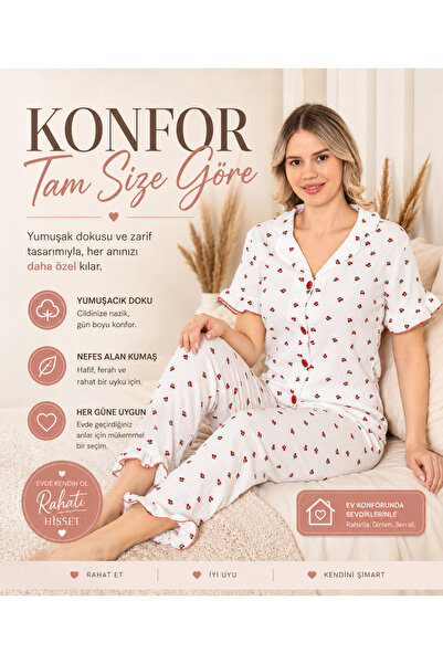 Nior iç giyim Cherry Patterned Cotton Muslin Pajama Set |   Short-Sleeved But...