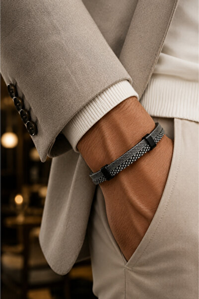 Jack Ferrero Luxury Men's Collection Steel Lock Leather Bracelet
